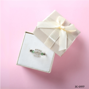 Contemporary Silver Ring with Green Stones and Linear Crystal Design