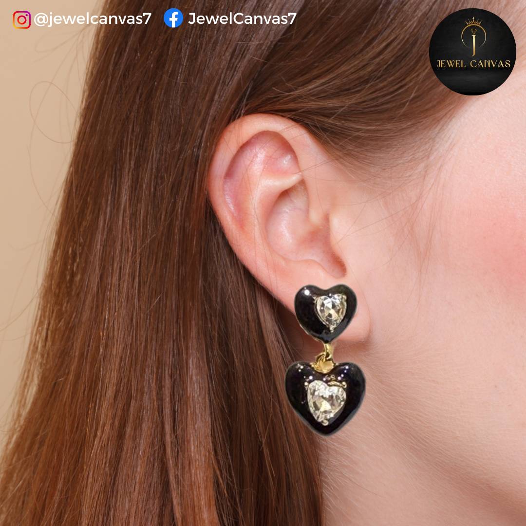 Black Double Heart Dangler Earrings – Bold Elegance with a Golden Touch Black Double Heart Dangler Earrings – Bold Elegance with a Golden Touch