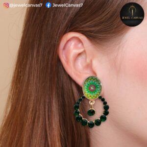 Boho Green Mandala Drop Earrings with Beaded Hoop 1