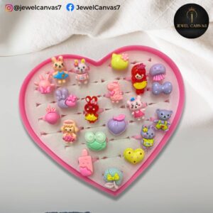 Cartoon Character Ring Set for Kids – 24 Adorable Designs in Heart Box