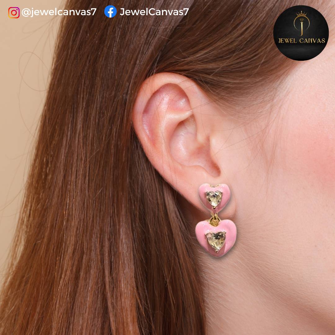 Pink Double Heart Dangler Earrings – Soft Elegance with Golden Sparkle Pink Double Heart Dangler Earrings – Soft Elegance with Golden Sparkle