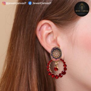 Red Mandala Drop Earrings with Beaded Hoop – Ethnic Boho Style 1