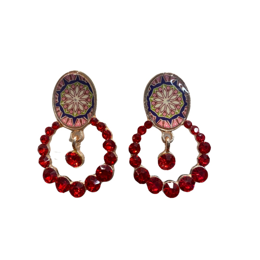 Red Mandala Drop Earrings with Beaded Hoop – Ethnic Boho Style Red Mandala Drop Earrings with Beaded Hoop – Ethnic Boho Style