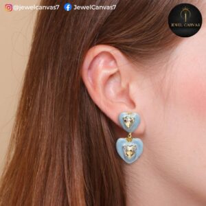Sky Blue Double Heart Dangler Earrings – Playful Glamour with Golden Sparkle