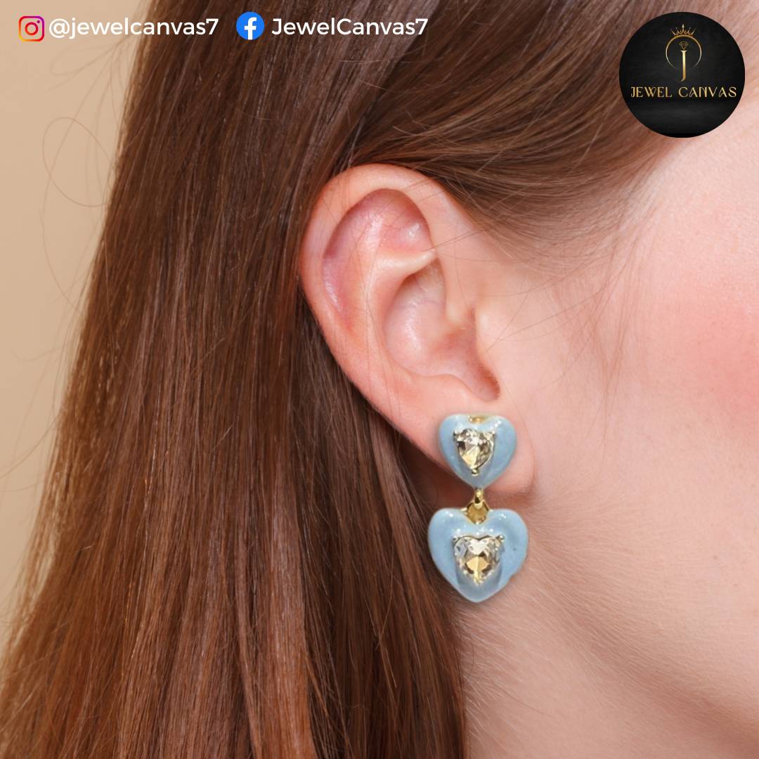 Sky Blue Double Heart Dangler Earrings – Playful Glamour with Golden Sparkle Sky Blue Double Heart Dangler Earrings – Playful Glamour with Golden Sparkle