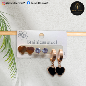Stainless Steel Heart Earring Set – Crystal Studs & Black Heart Danglers 3 Pairs.png 1
