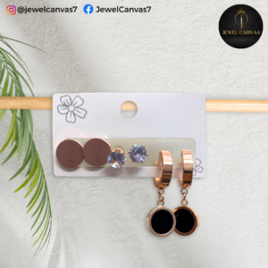 Stainless Steel Round Earring Set – Crystal Studs & Black Round Danglers 3 Pairs.1